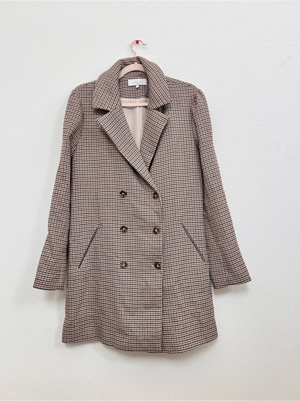 NWOT L'Academie Brown Houndstooth Coat Women's Small Button Front Tailored